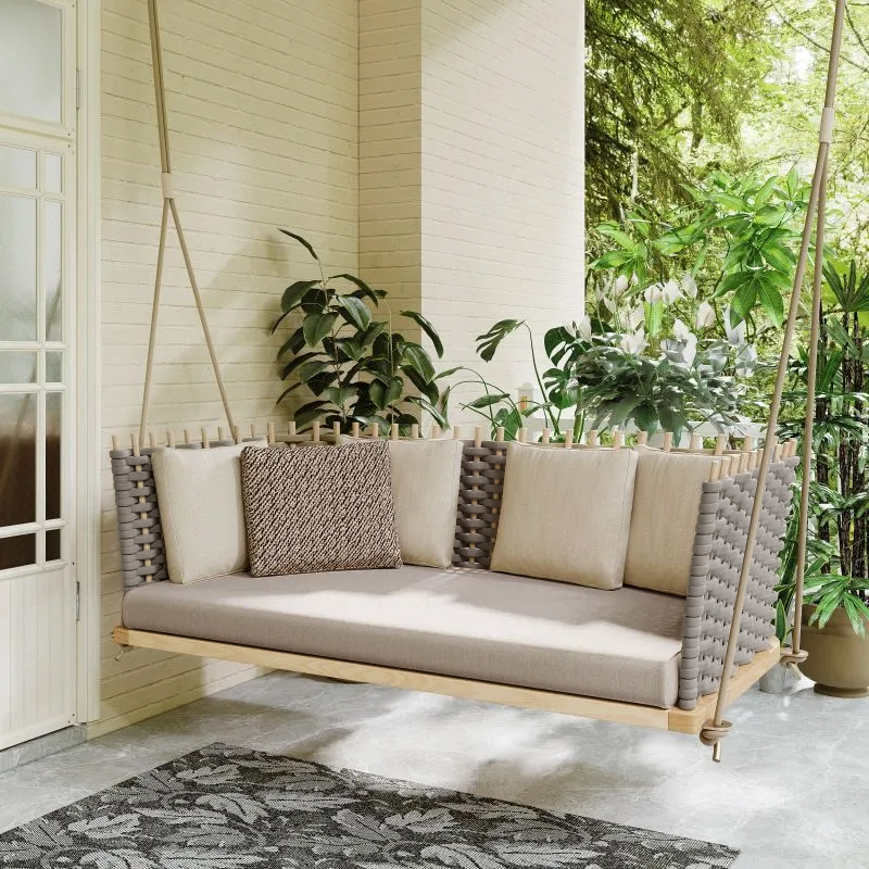 Woven Rattan Porch Handing Sofa Swing Sofa with Shiny Khaki Cushion