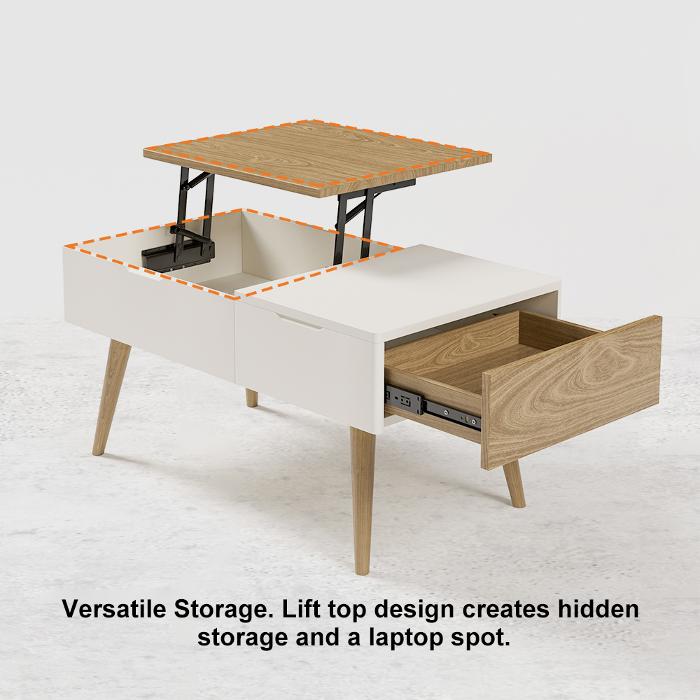 Codiy White & Natural Wooden Rectangular Coffee Table with Drawer Lift