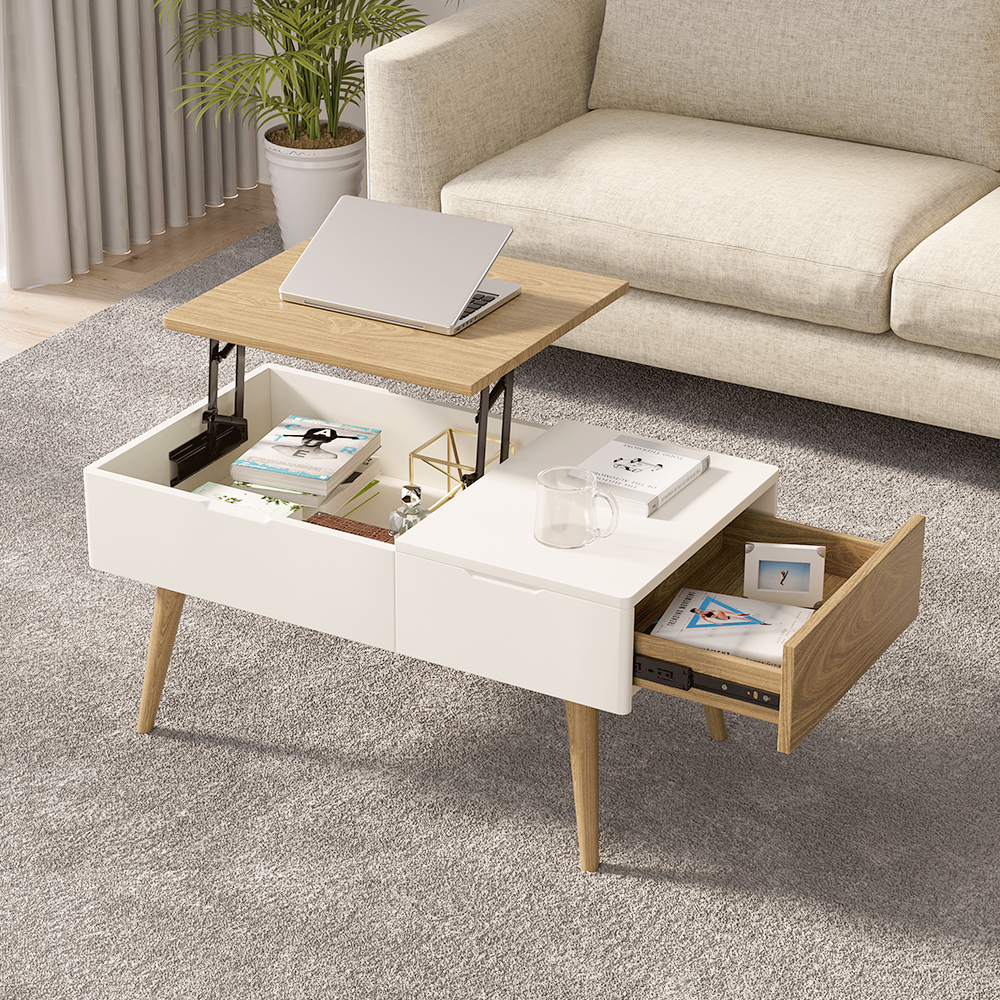 Codiy White & Natural Wooden Rectangular Coffee Table with Drawer Lift
