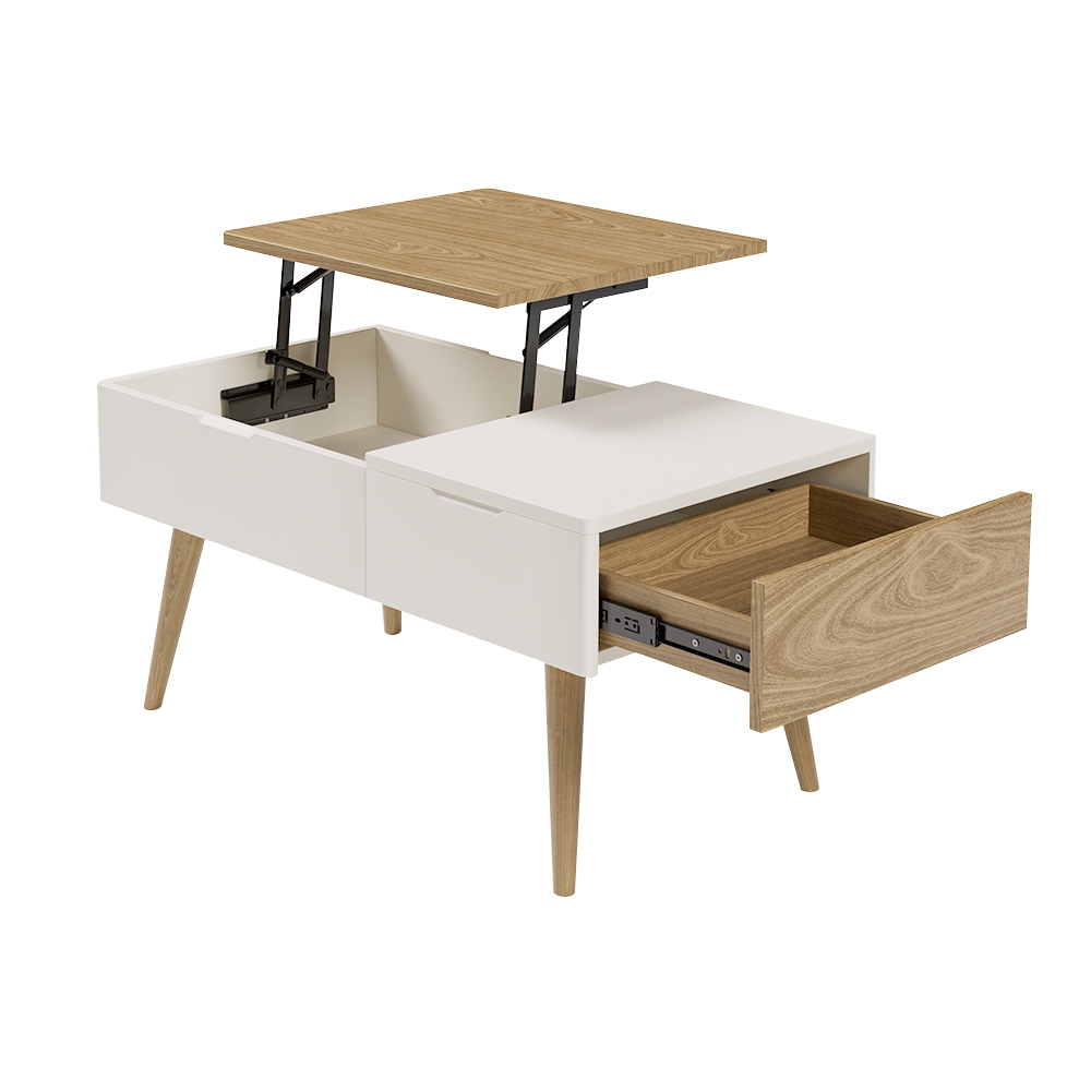 Codiy White & Natural Wooden Rectangular Coffee Table with Drawer Lift-Top Storage Table