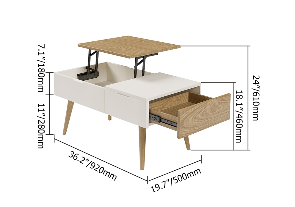 Codiy White & Natural Wooden Rectangular Coffee Table with Drawer Lift-Top Storage Table