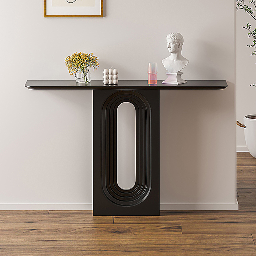 1200mm Japandi Narrow Wood Black Console Table with Geometric Pedestal Entryway Table Hallway