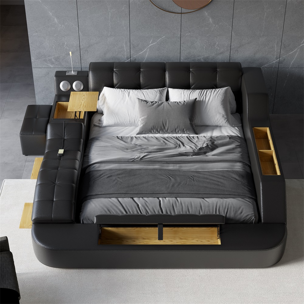 Black Smart Bed King Size Tufted Platform Bed with Massage, Storage & Speaker Bedroom