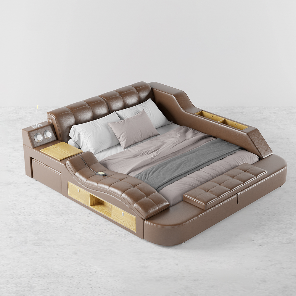 Brown Smart Bed King Size Tufted Platform Bed with Massage, Storage