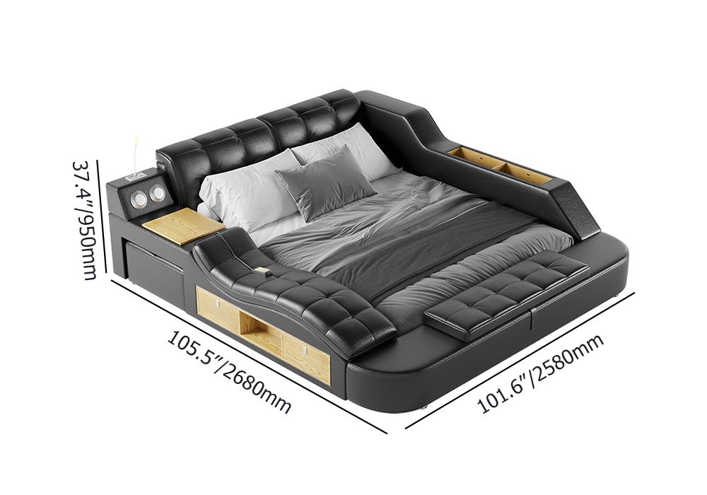 Black Smart Bed King Size Tufted Platform Bed with Massage, Storage