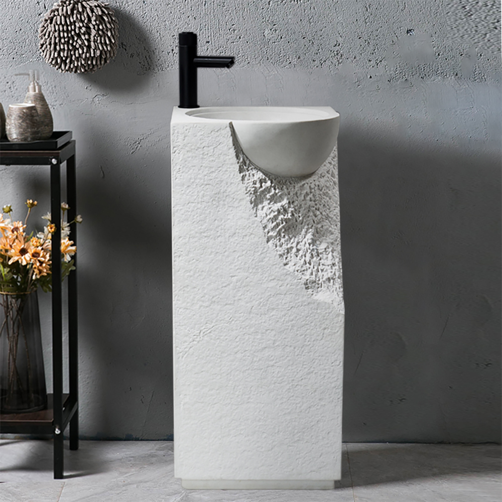 34" Japandi Tall Stone Resin Pedestal Sink with Rounded Basin