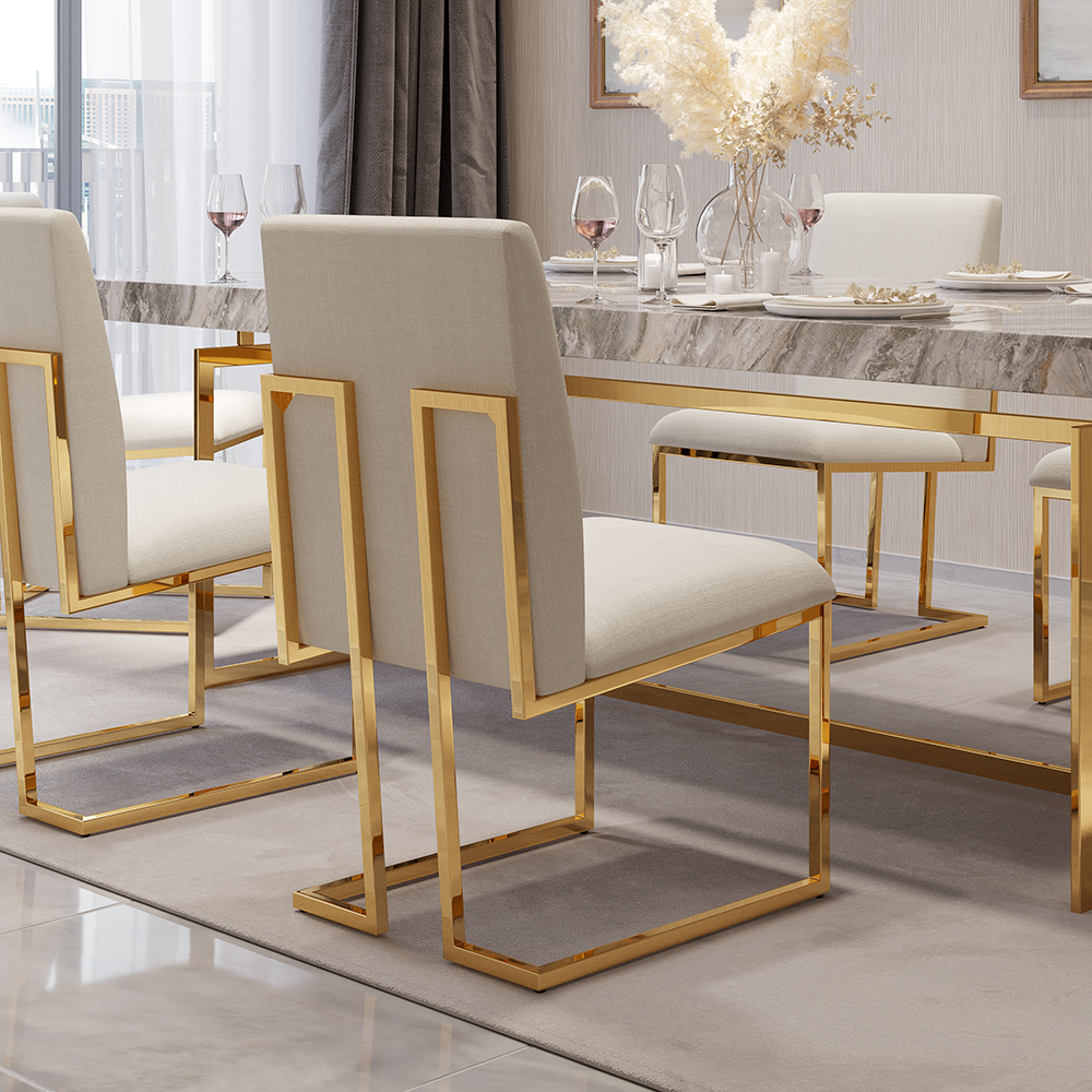 Modern Linen Dining Chair Upholstered in Beige Stainless Steel Leg Gold