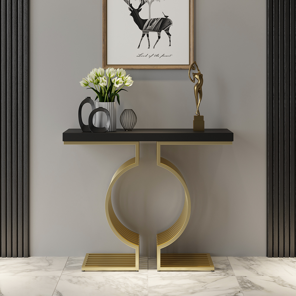 59.1" Modern Narrow Console Table with Geometric Metal Base Black