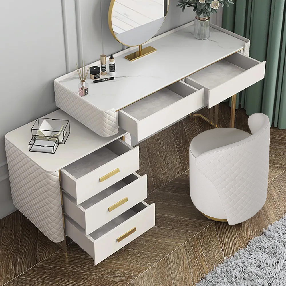 White Makeup Vanity Set Extendable Dressing Table Seat & Mirror Included