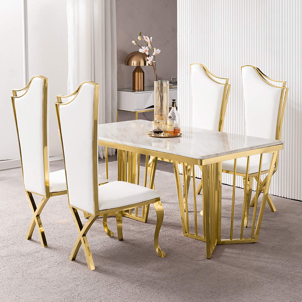 White Upholstered Dining Chairs (Set of 2) Stainless Steel Side Chair with Gold Legs