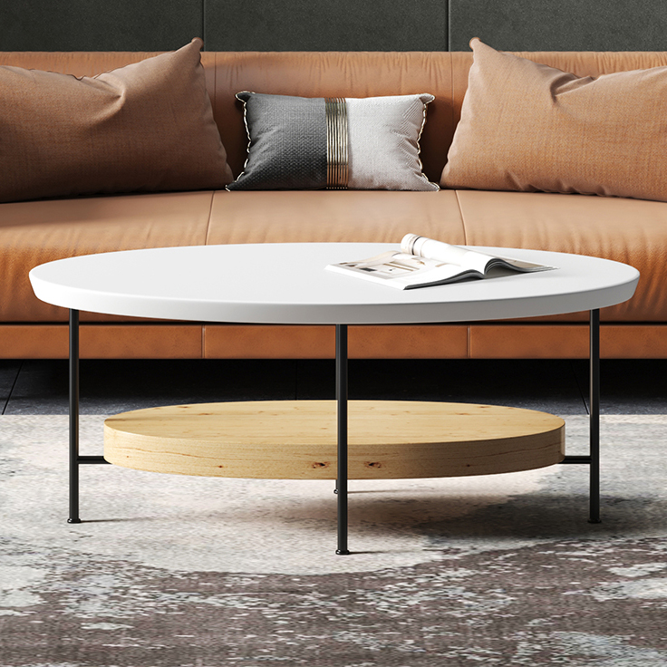 1000mm Modern White & Natural Oval Coffee Table with Storage Shelf