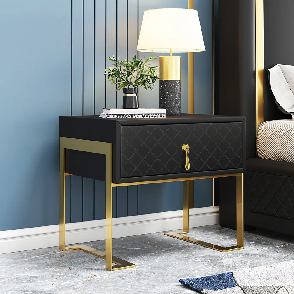 Modern Bedside Table with Drawer in Black PU Leather, Solid Wood Frame & Gold Base