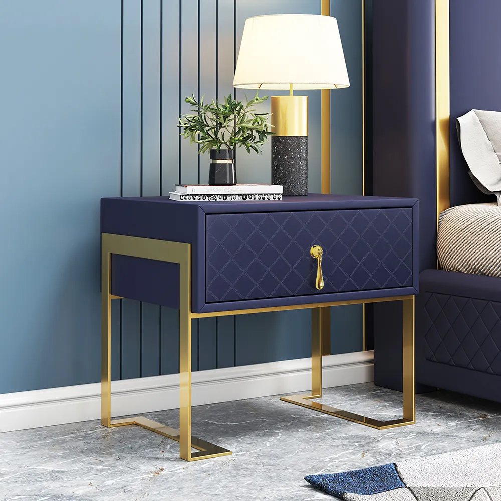 Modern Bedside Table with Drawer, PU Leather in Deep Blue, Gold Leg