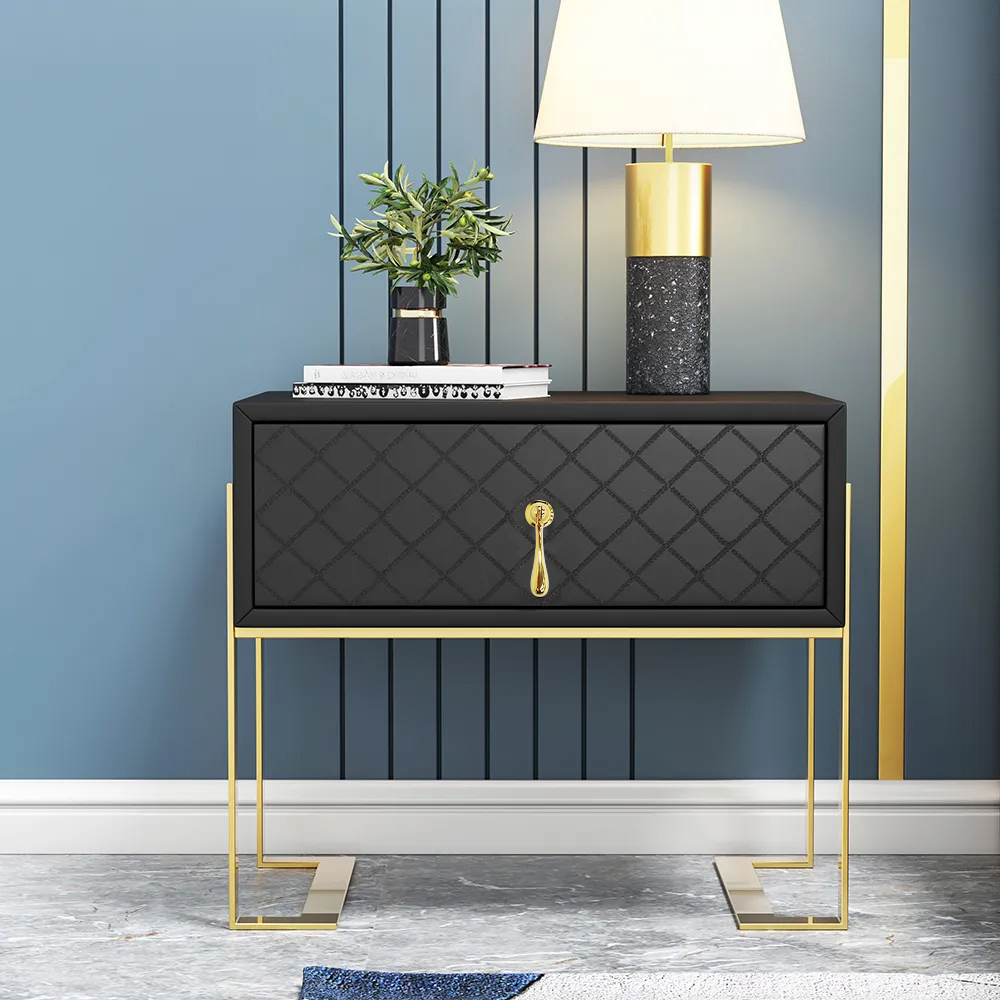 Modern Bedside Table with Drawer in Black PU Leather, Solid Wood Frame & Gold Base