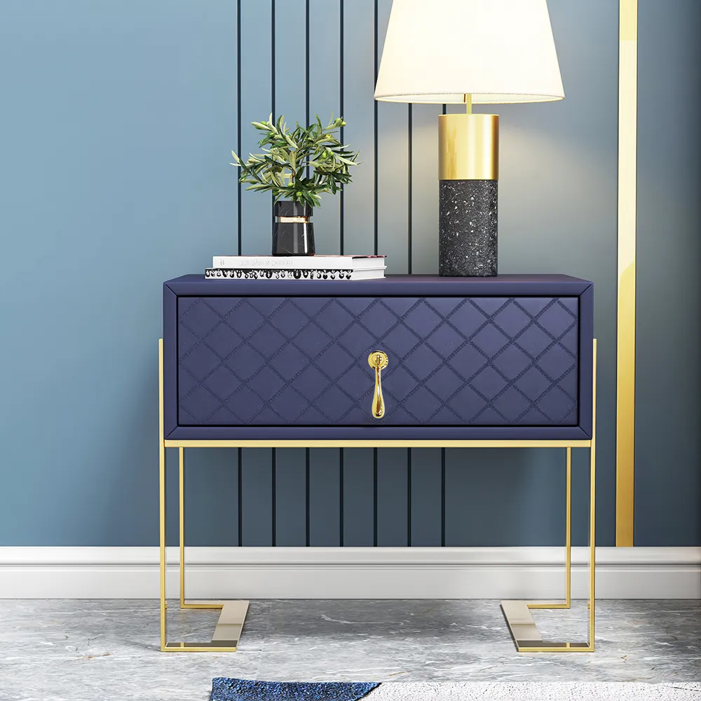 Modern Bedside Table with Drawer, PU Leather in Deep Blue, Gold Leg
