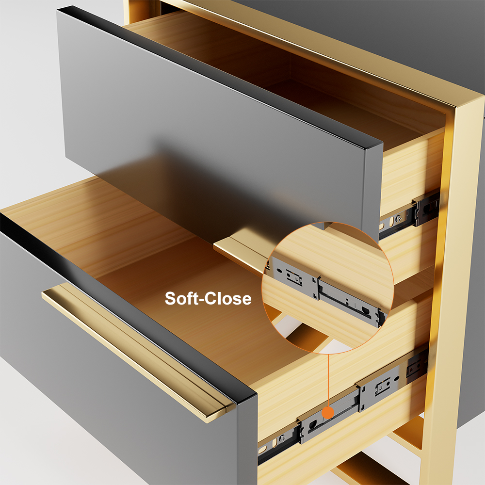 Cylina Modern 2 Drawers Black Lacquer Nightstand in Gold Bedroom