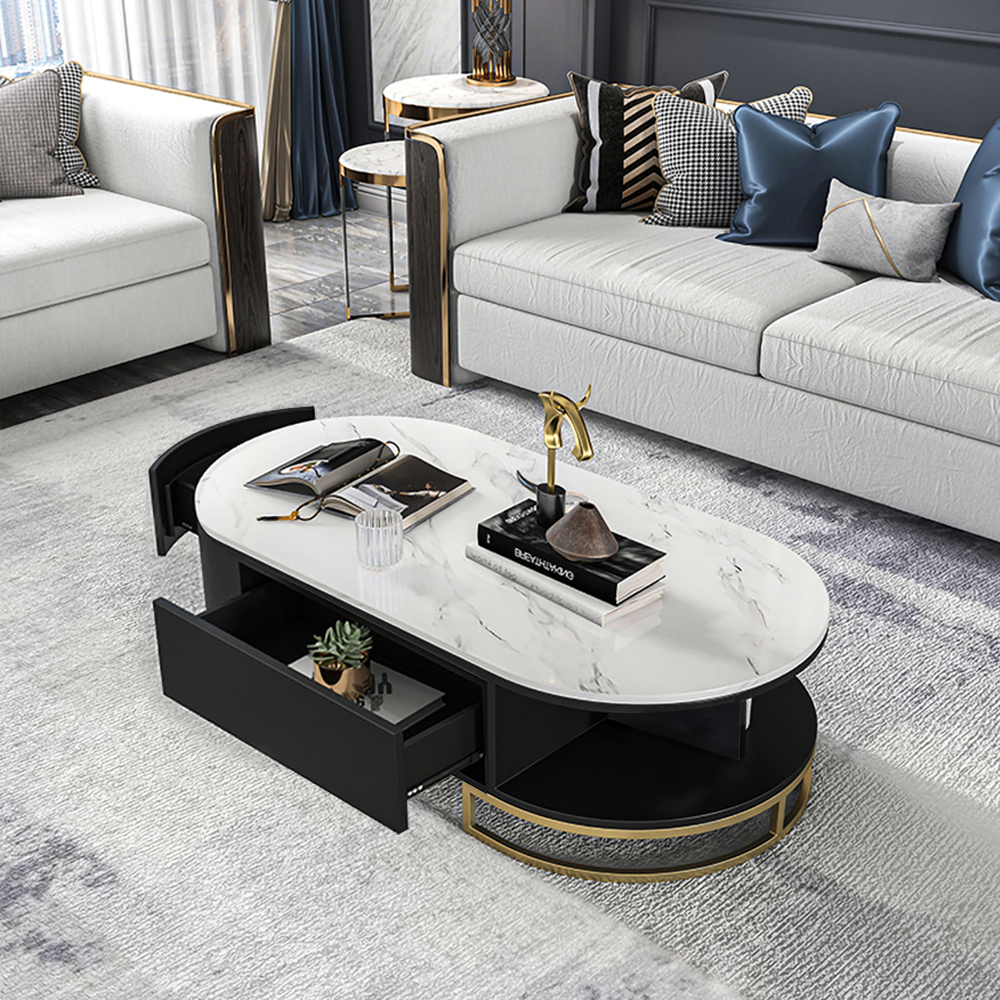 Modern White Oval Storage Coffee Table with Drawers Sintered Stone Gold Base