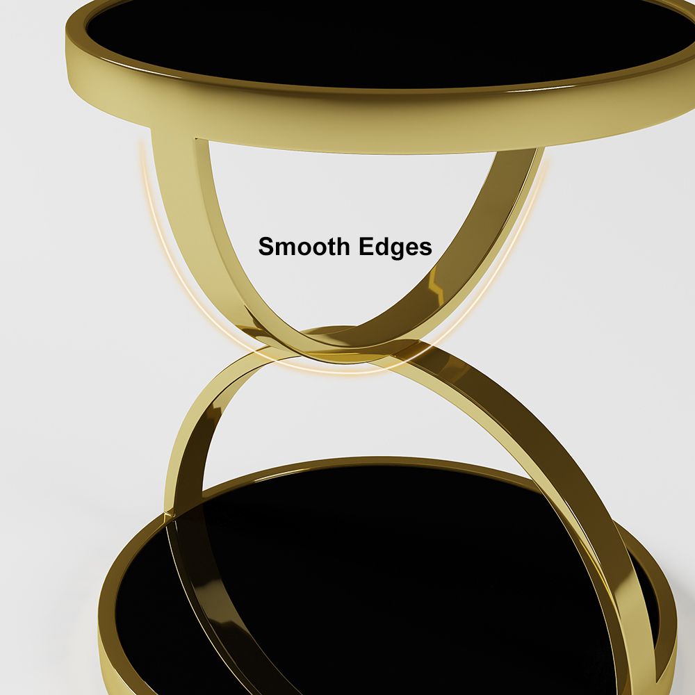 Black Round Side Table Tempered Glass with Storage End Table in Gold