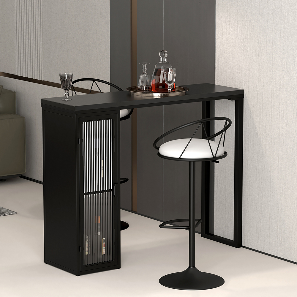1200mm Modern Black Bar Table with Storage Glass Door Cabinet Bar Height Dining Table