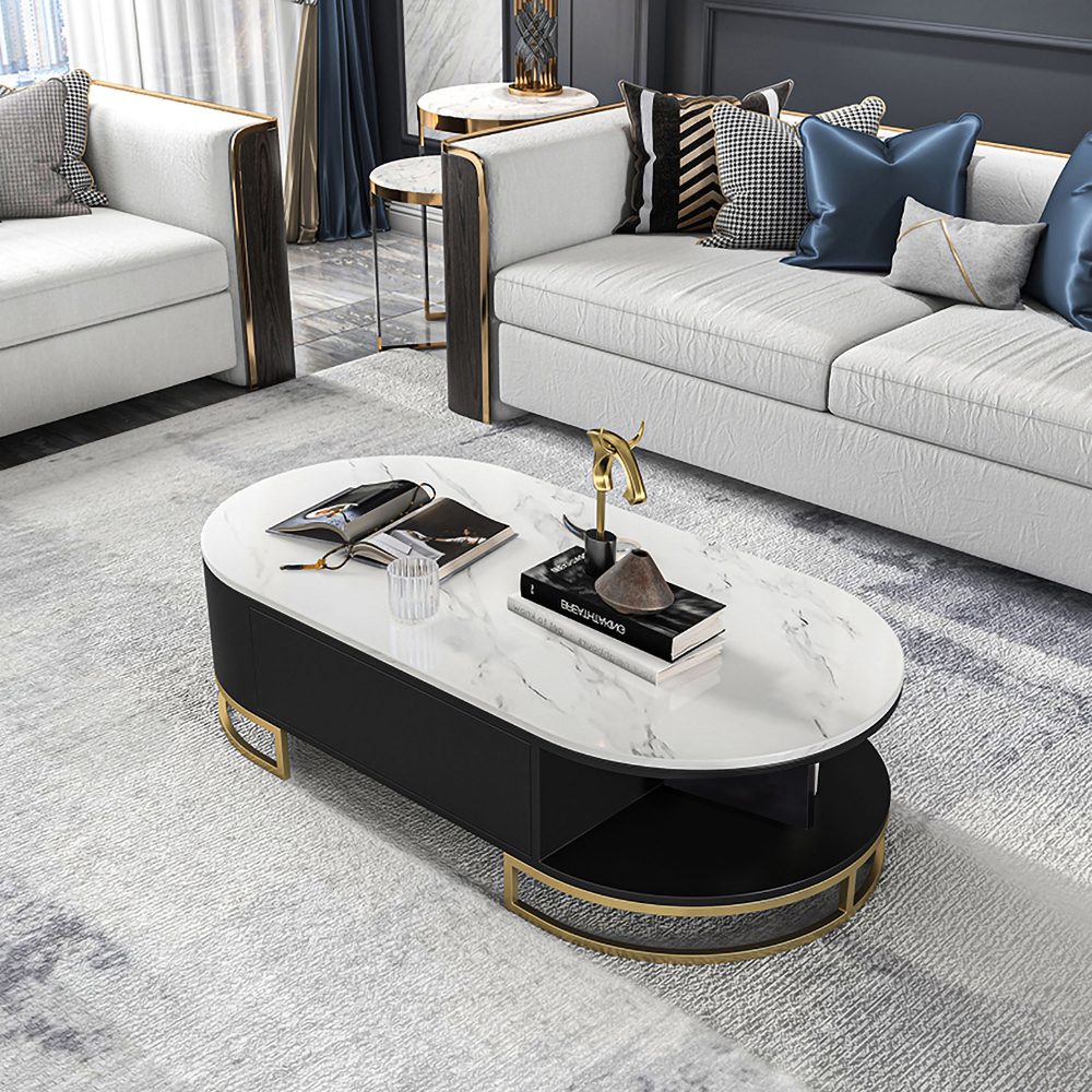 Modern White Oval Storage Coffee Table with Drawers Sintered Stone Gold Base