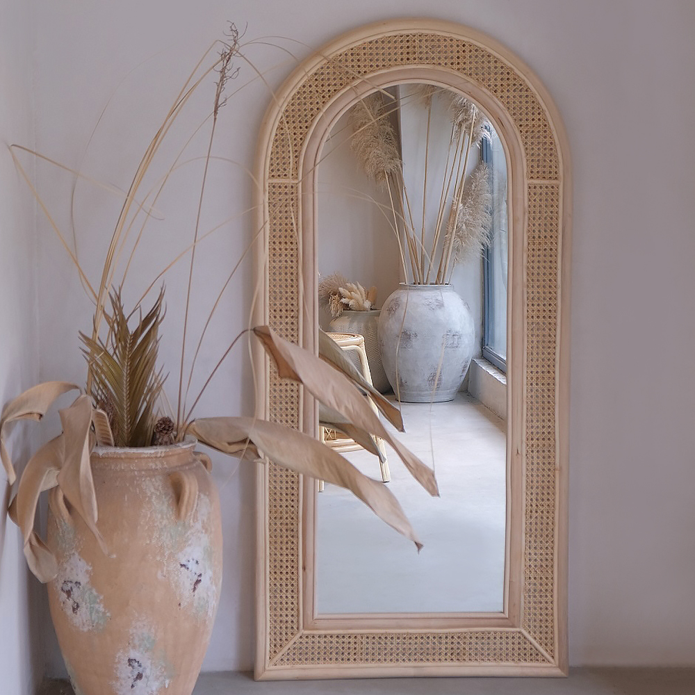 Boho Arch Full Length Floor Mirror Rattan Standing Mirror Wood Frame 