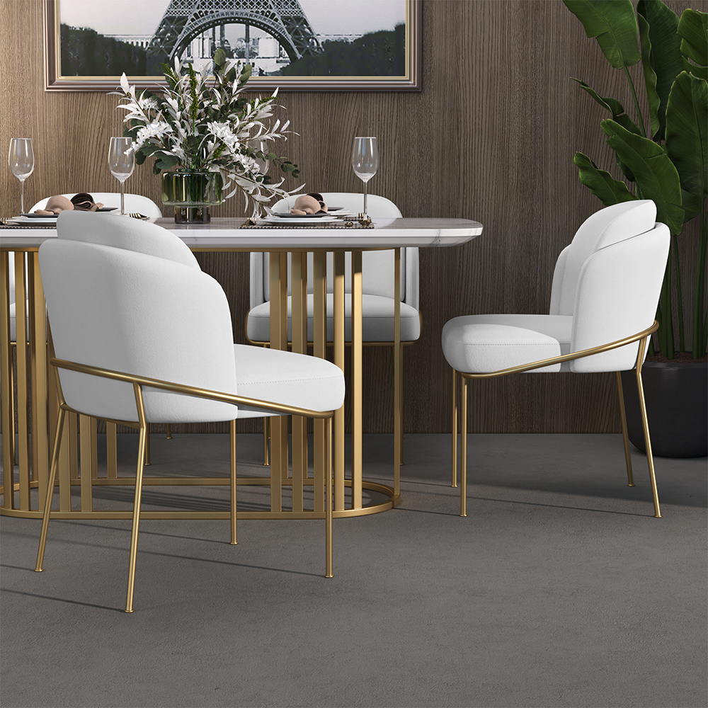 Linenic White Dining Chair Modern Cotton&Linen Upholstered Side Chair in Gold