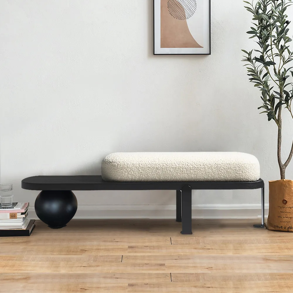 White & Black Wooden Entryway Bench Boucle Upholstered with Abstract