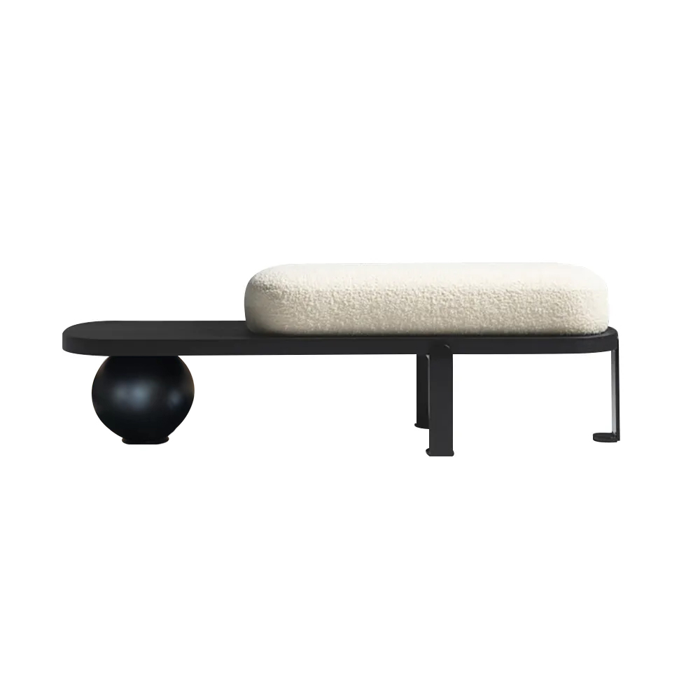 White & Black Wooden Entryway Bench Boucle Upholstered with Abstract