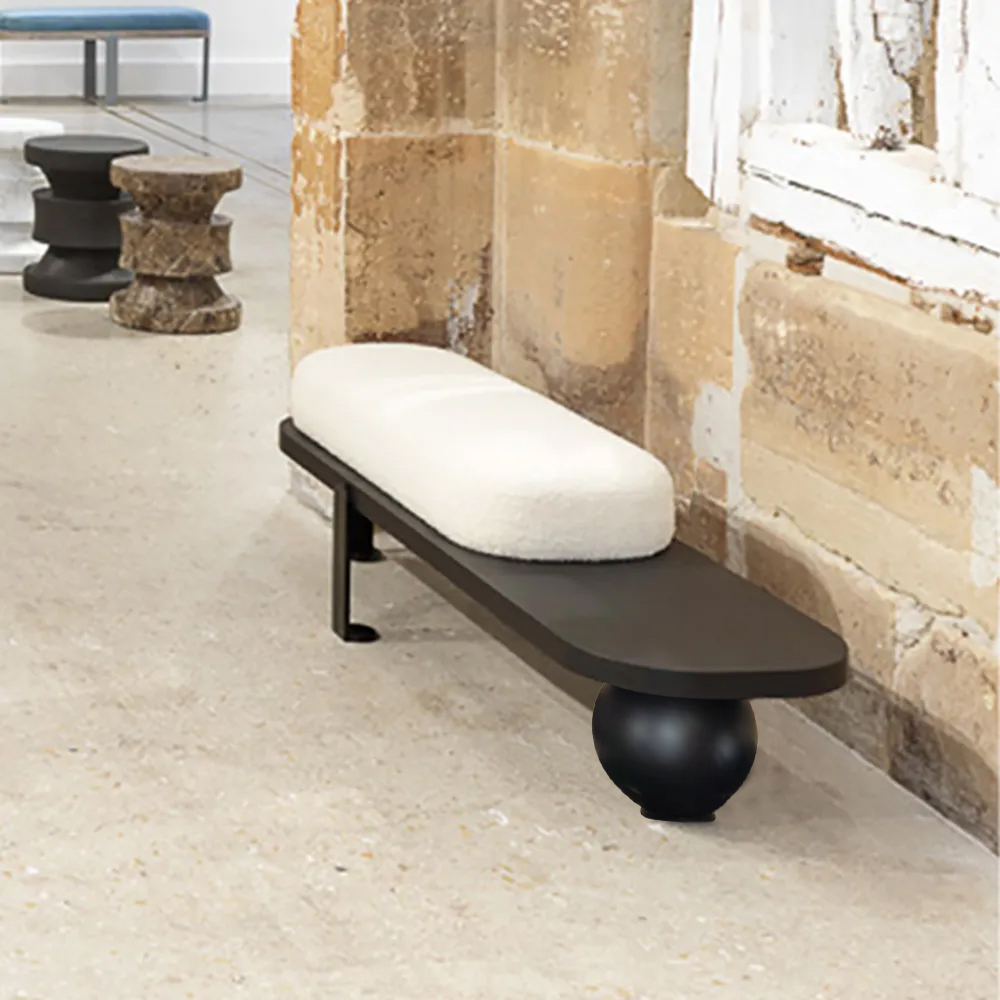 White & Black Wooden Entryway Bench Boucle Upholstered with Abstract