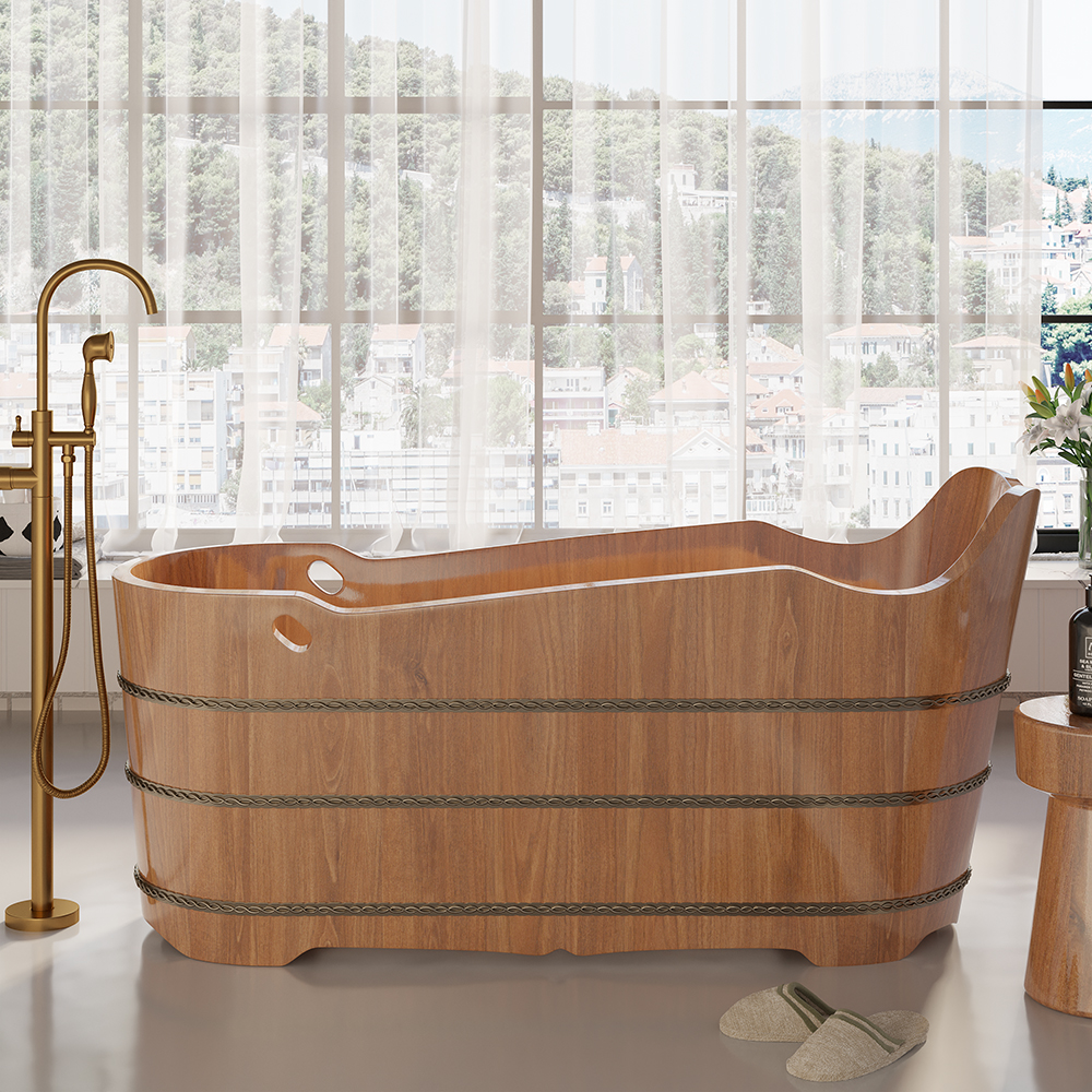 59" Japanese Oak Wood Soaking Bathtub Freestanding Modern Natural