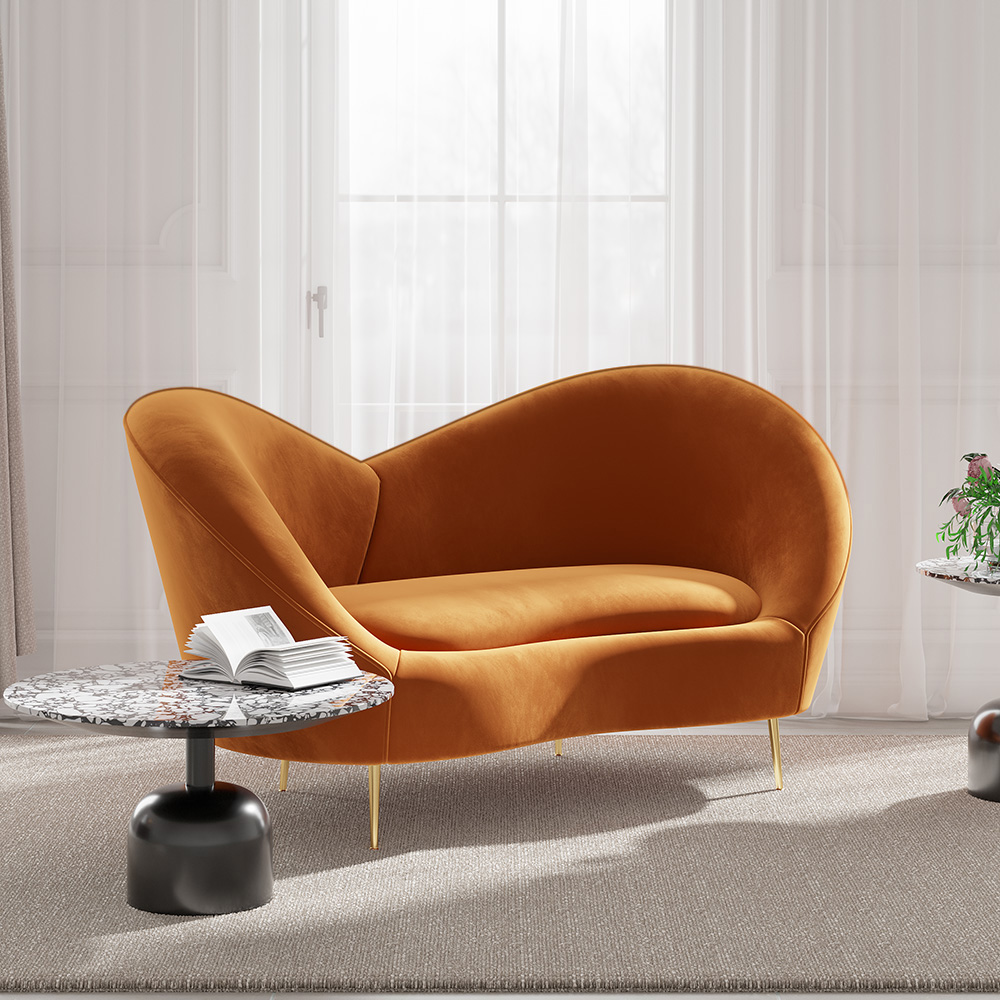 63" Velvet Curved Sofa Small 2-Seater Sofa with Curve Back Upholstery in Orange