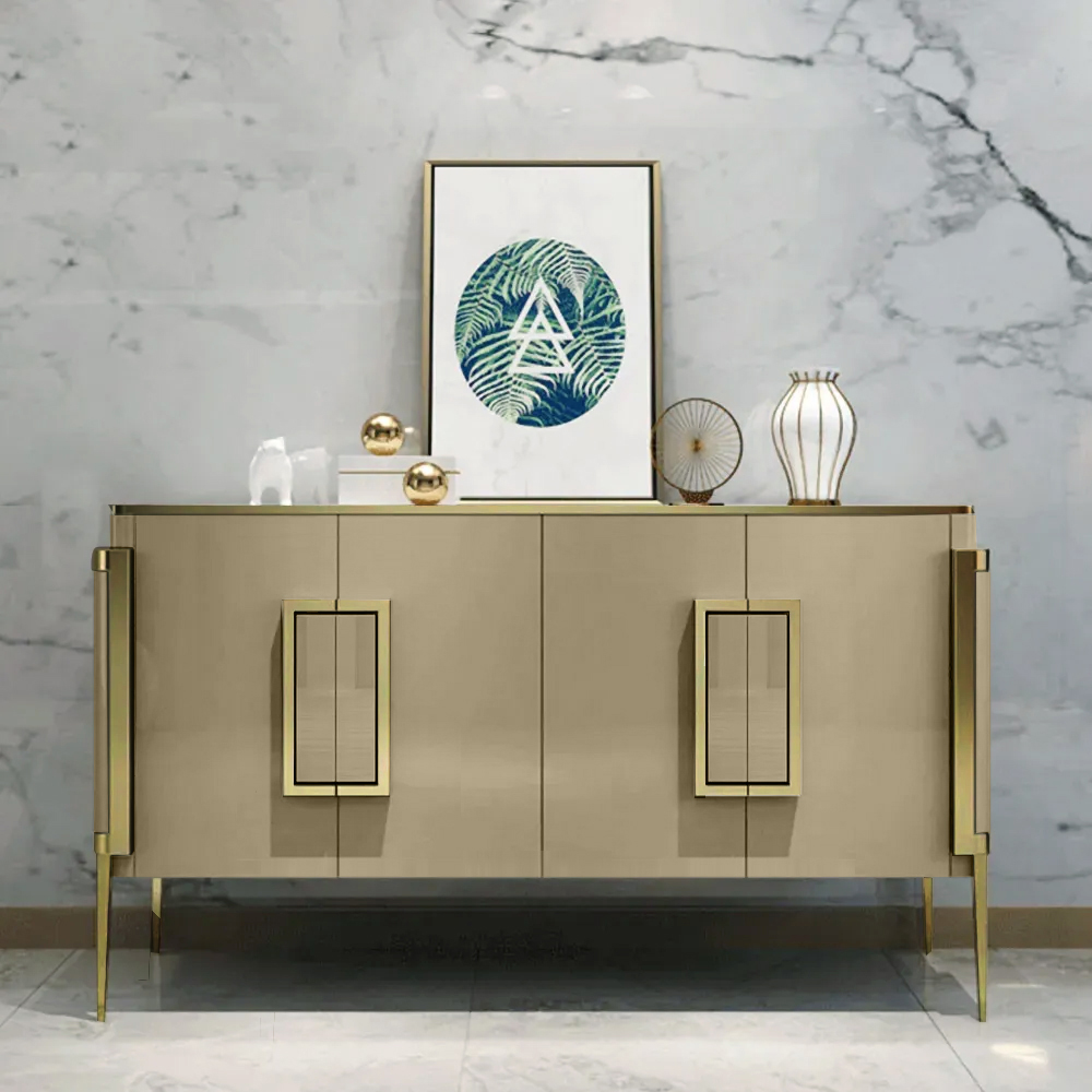 Vectic 1500mm Modern Champagne Sideboard Buffet Tempered Glass Top 4 Doors 4 Shelves