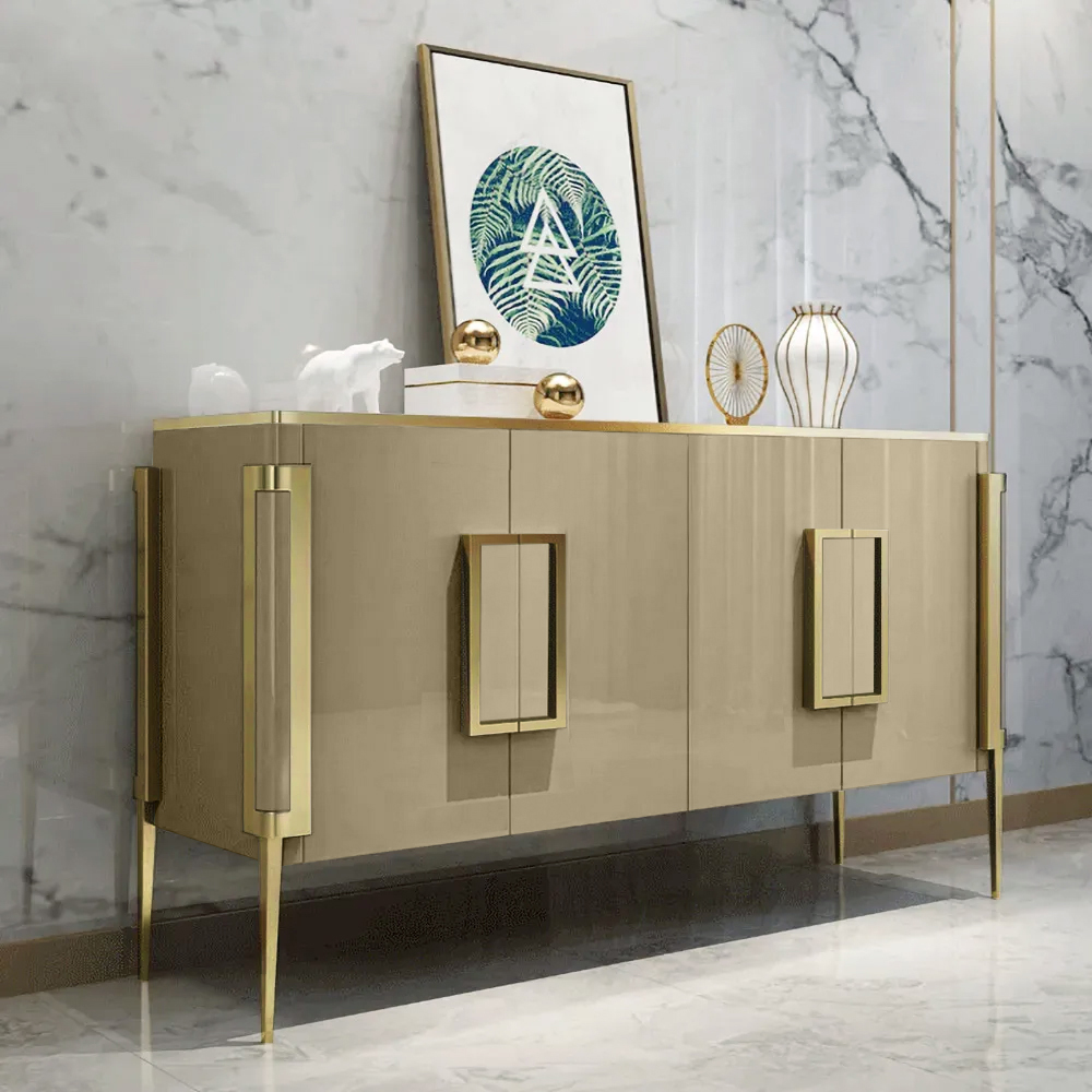 Vectic 1500mm Modern Champagne Sideboard Buffet Tempered Glass Top 4 Doors 4 Shelves