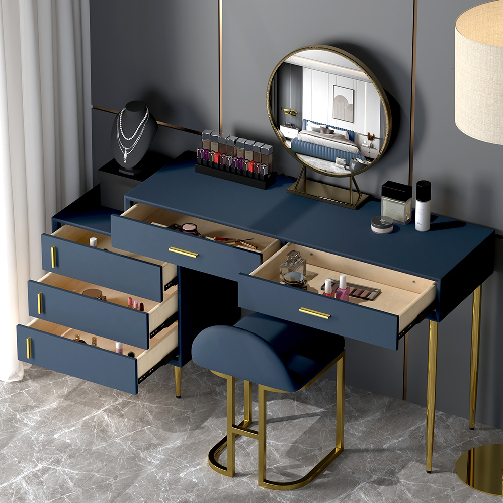 Modern Blue Makeup Vanity Set Retracted Dressing Table