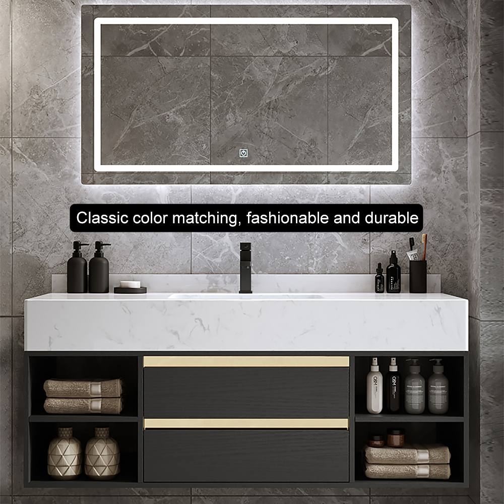 40" Floating Bathroom Vanity Set with Ceramic Sink 2 Drawers & Open Shelves in Black