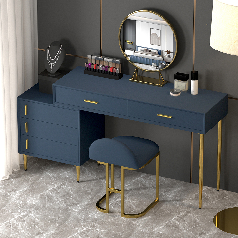 Modern Blue Makeup Vanity Set Retracted Dressing Table Cabinet&Stool&Mirror Included