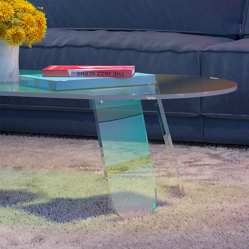 Clearic 47" Modern Acrylic Oval Coffee Table in Clear Iridescent with 4 Legs - Living Room ...