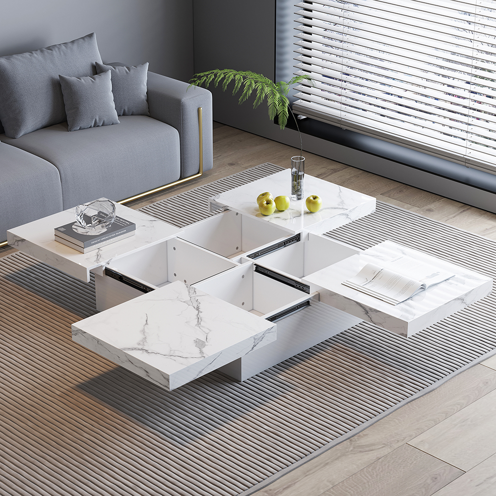 Square Marble Veneer Coffee Table Sliding Top with Storage in White ...