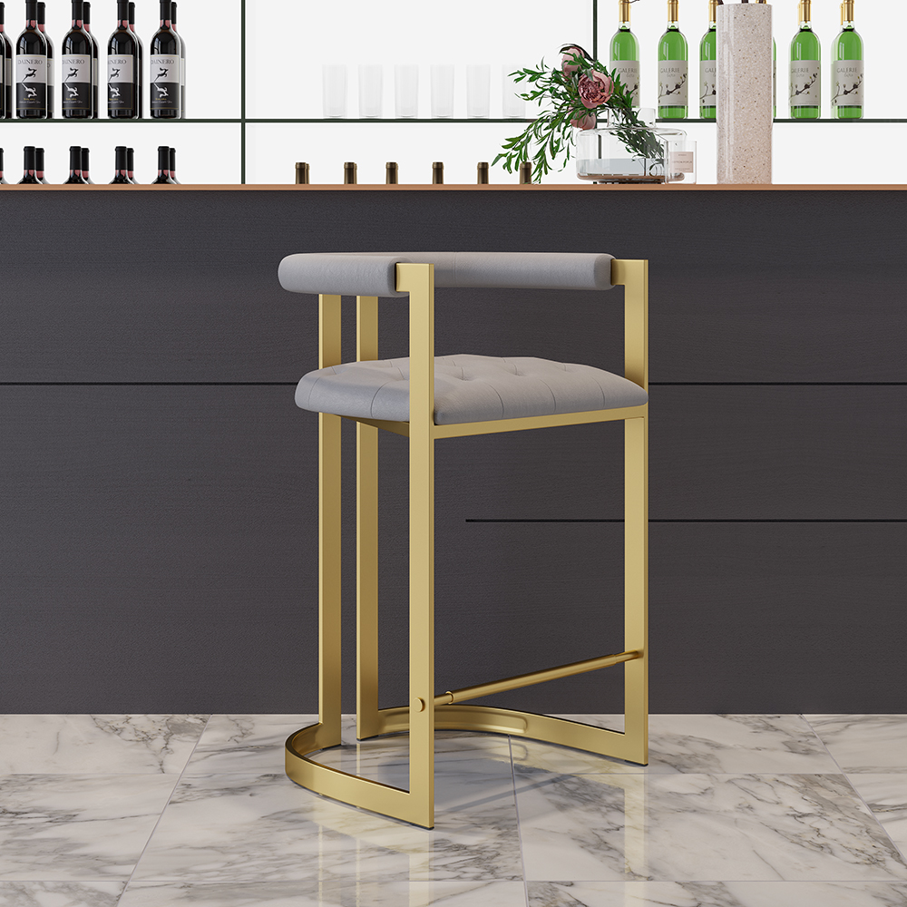Modern Bar Height Bar Stool with Back Gray Upholstery Counter Stool in Gold