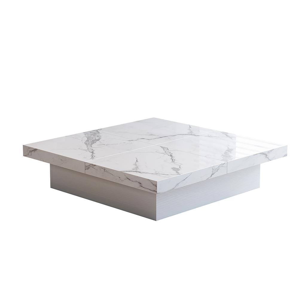 Square Marble Veneer Coffee Table Sliding Top with Storage in White