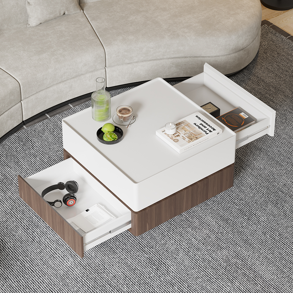 Modern Square Swivel Rotating Coffee Table with 2 Drawers in White & Walnut