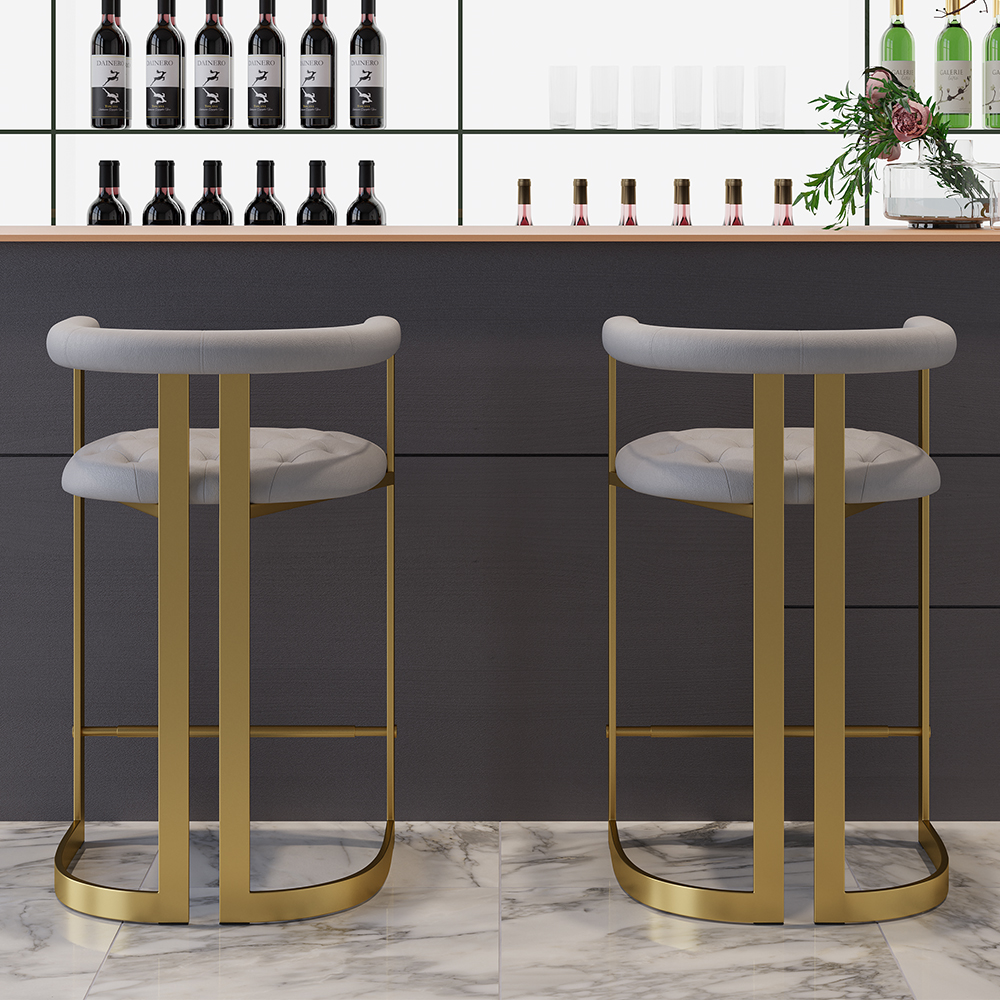 Modern Bar Height Bar Stool with Back Gray Upholstery Counter Stool in Gold