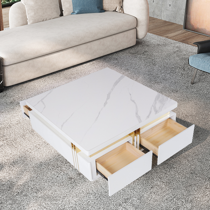 43" Modern White Square Storage Coffee Table Sintered Stone Top with 4