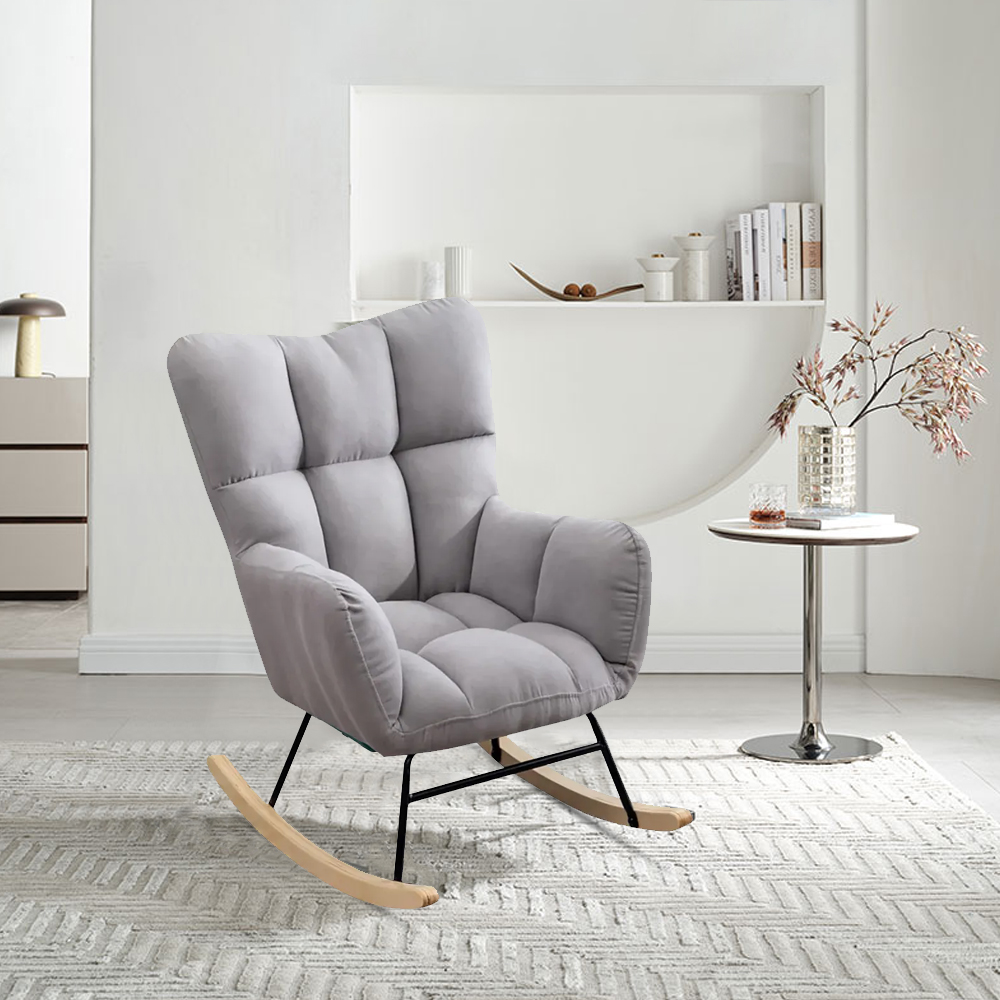 Modern Grey Rocking Accent Chair Cotton & Linen Tufted Upholstery 