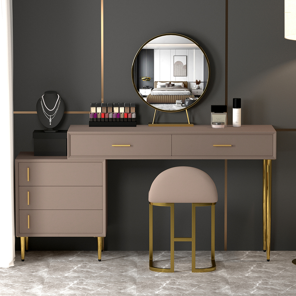 Modern Khaki Makeup Vanity Set Retracted Dressing Table
