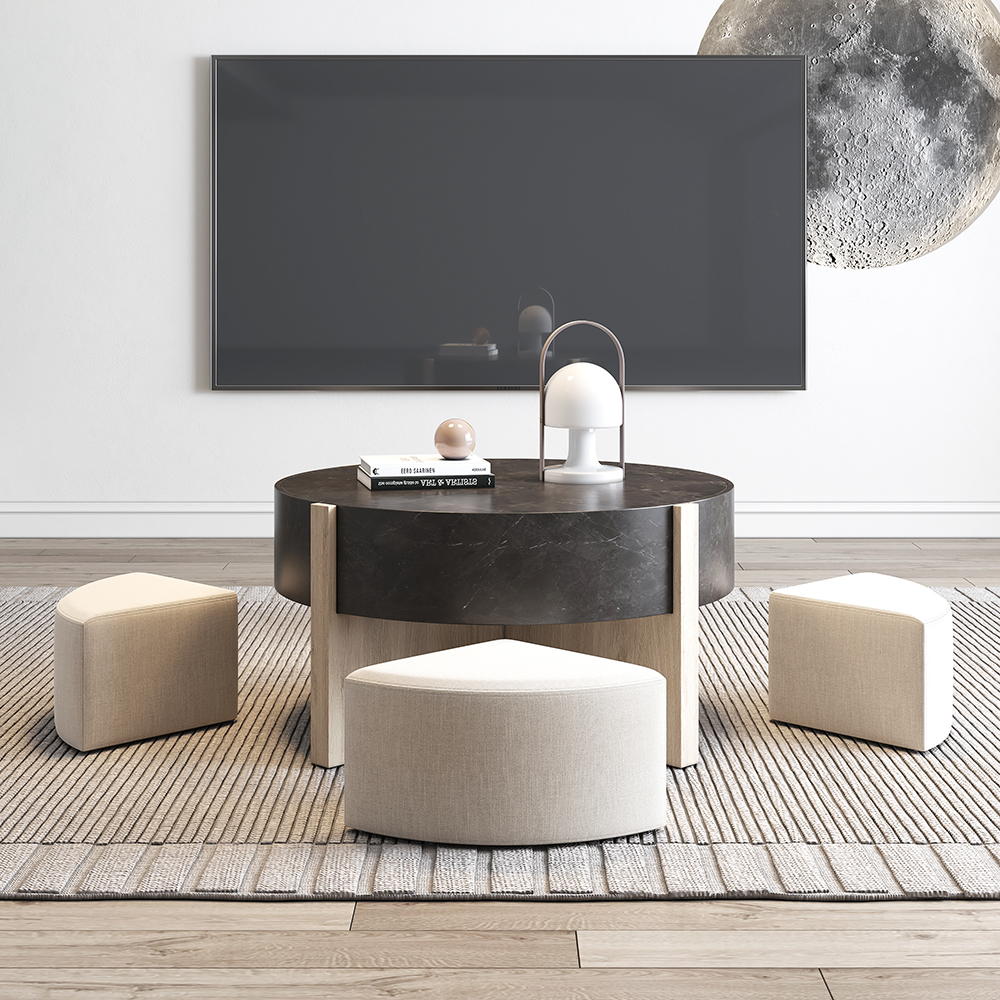 Round Nesting Coffee Table with 4 Stool & 2 Drawers in Distressed Gray