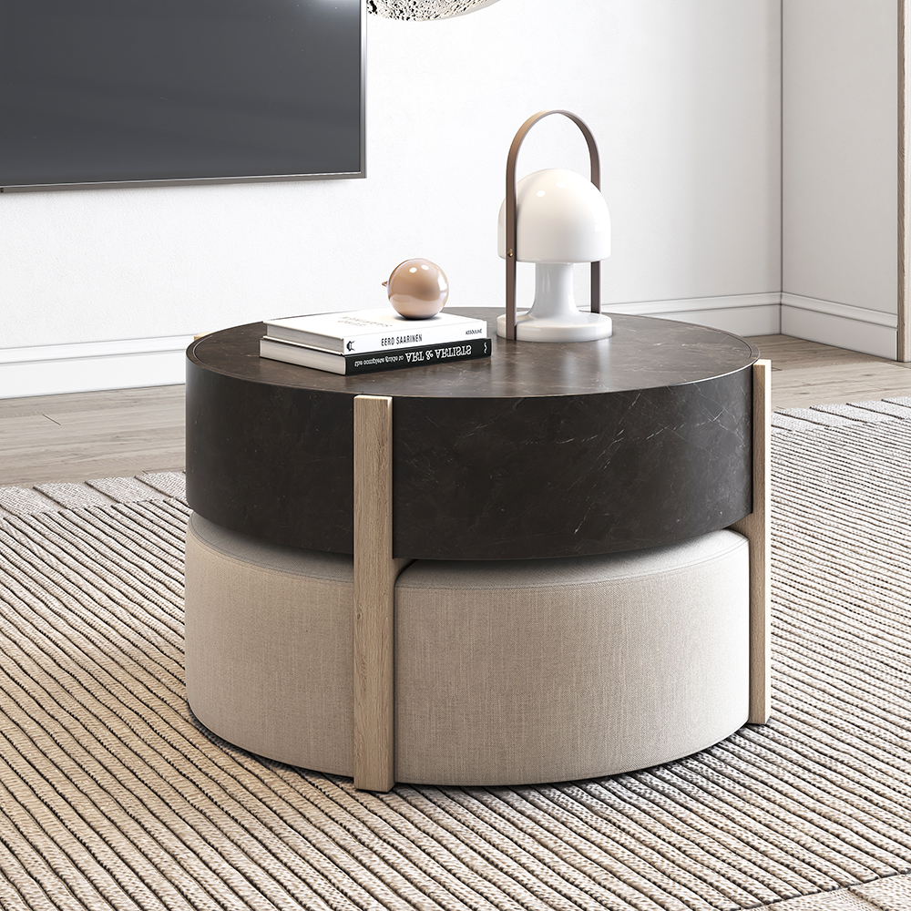 Round Nesting Coffee Table with 4 Stool & 2 Drawers in Distressed Gray