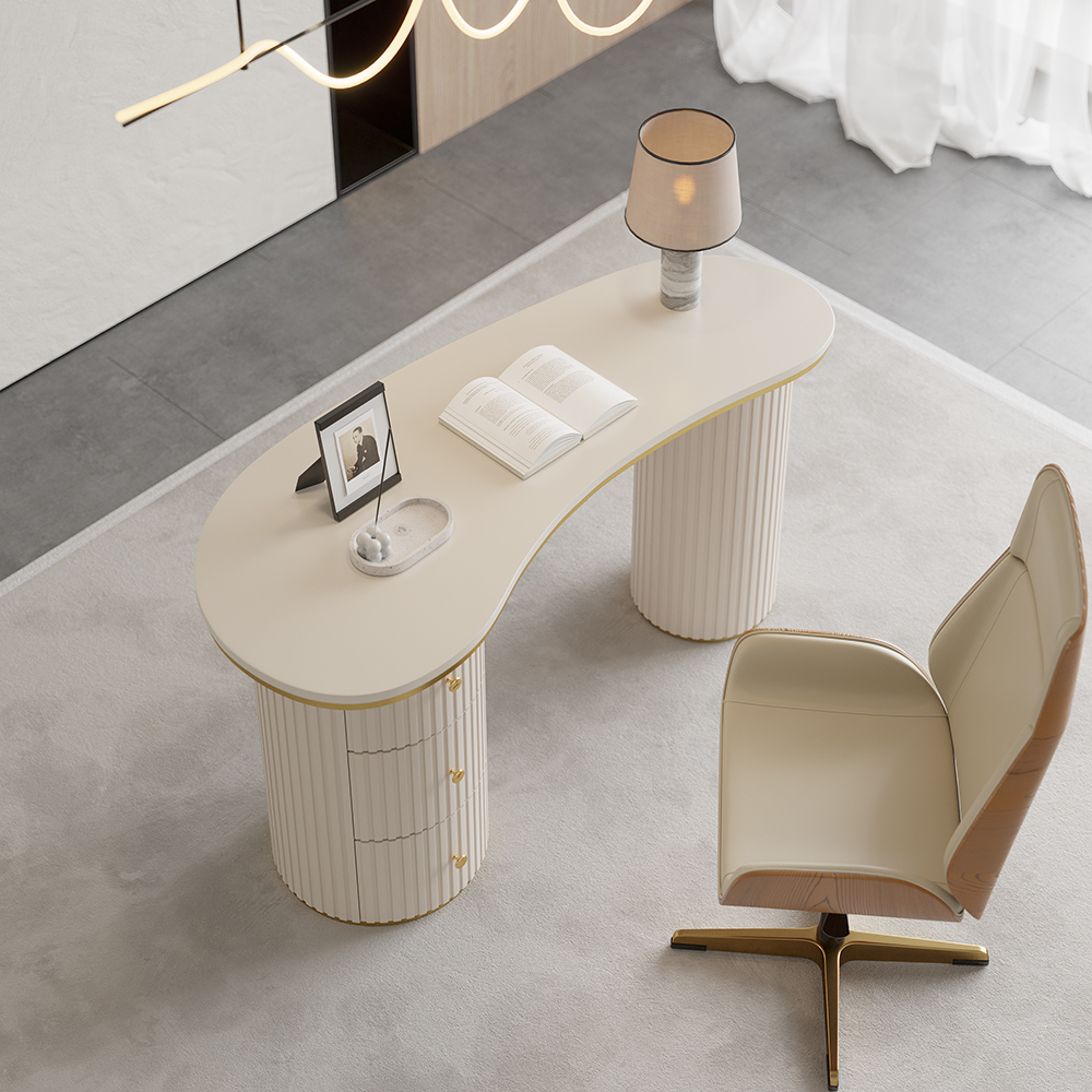 1400mm Modern Off-White Curved Desk 3-Drawer Wooden Home Office Desk Double Pedestal