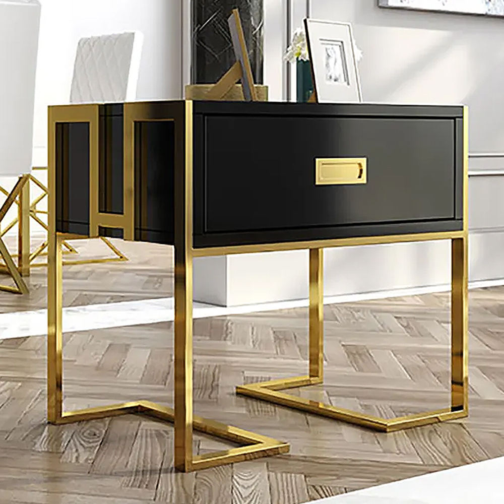 Jocise Modern Black Wooden End Table with 1 Drawer & Golden Double Pedestal