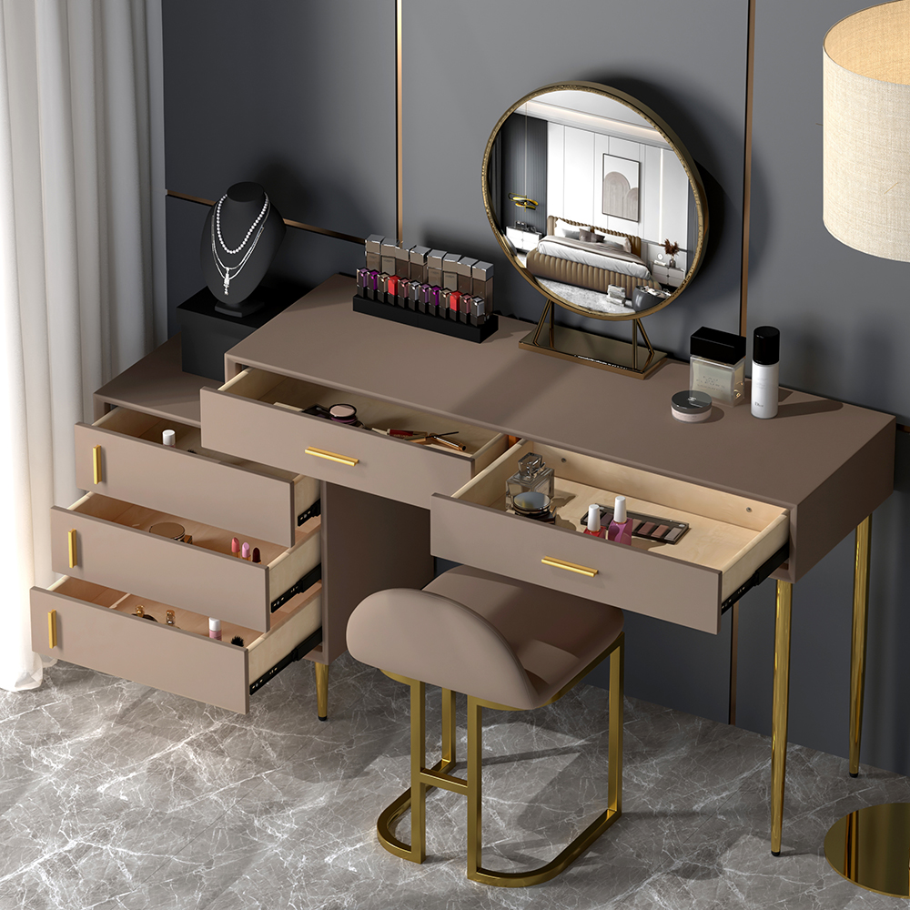 Modern Khaki Makeup Vanity Set Retracted Dressing Table